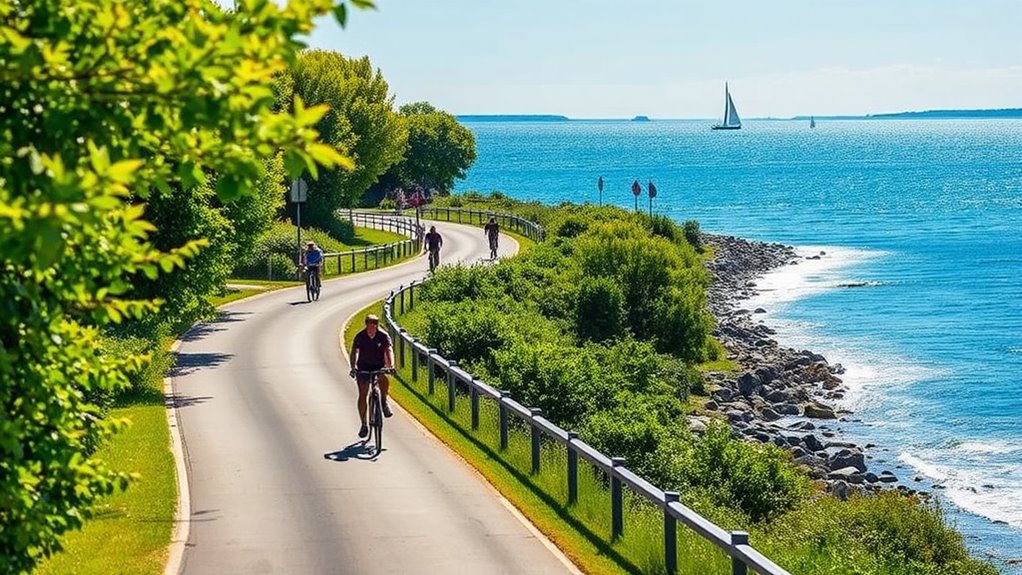 Two riders cruising a scenic paved bike path along the coast